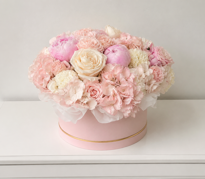Original close-up photograph of Rosé Garden Box with seasonal pink peonies, garden roses and blush hydrangeas.