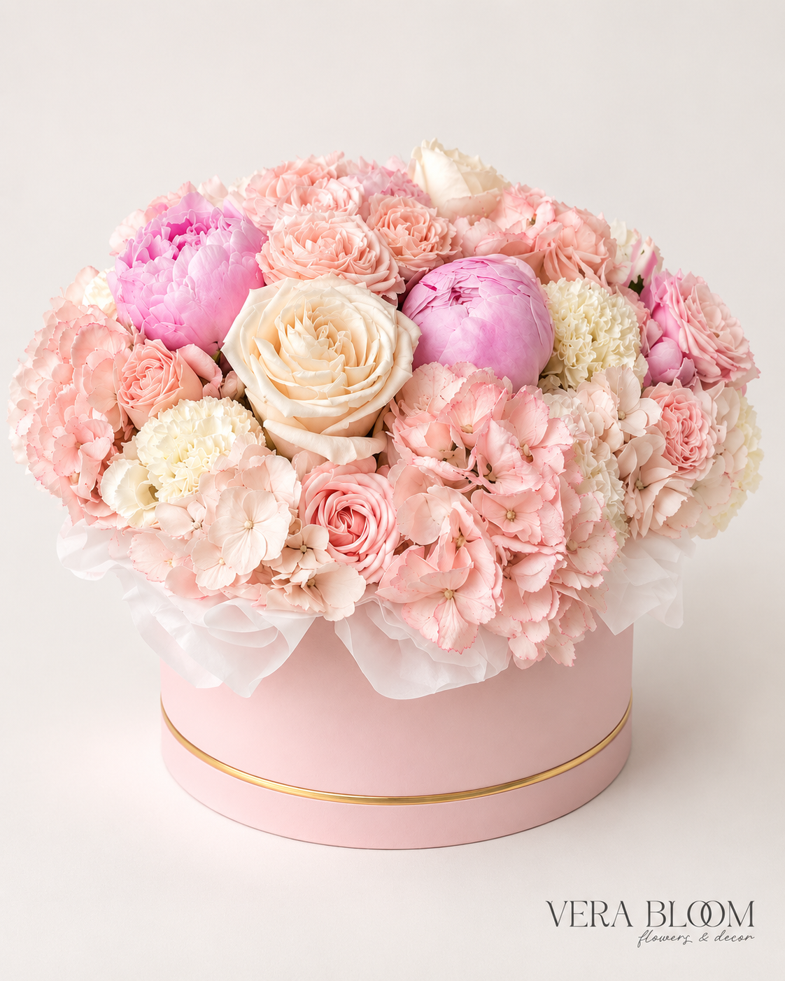 Rosé Garden Box with seasonal pink peonies, garden roses and hydrangeas in a blush flower box by Vera Bloom.